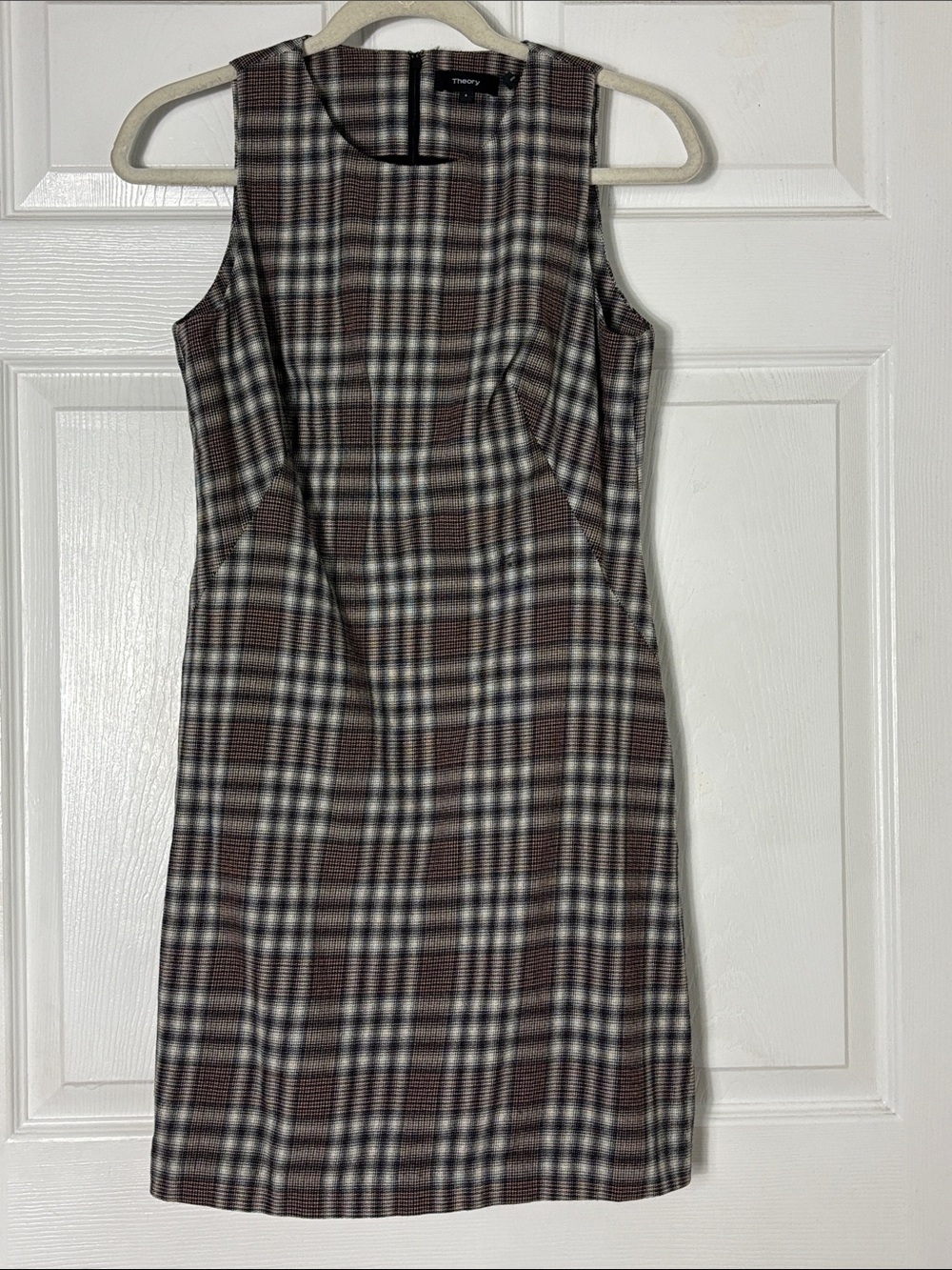 Theory Plaid Sleeveless Sheath Virgin Wool Dress Brown Cream lined size 4 career